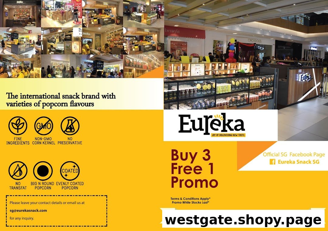 A collage showcasing Eureka Popcorn's outlets, products, and a 'Buy 3 Free 1' promotion.