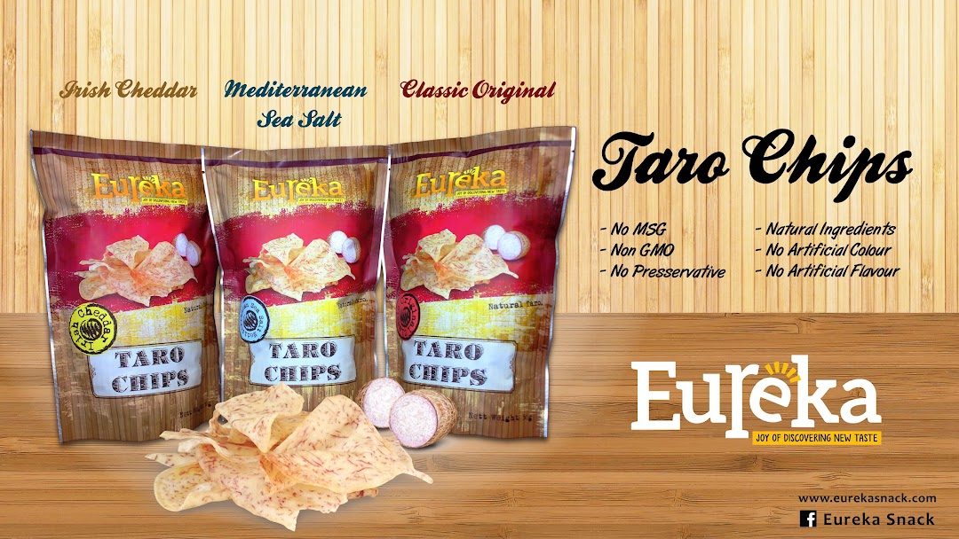 Three bags of Eureka Taro Chips in Irish Cheddar, Mediterranean Sea Salt, and Classic Original flavors.