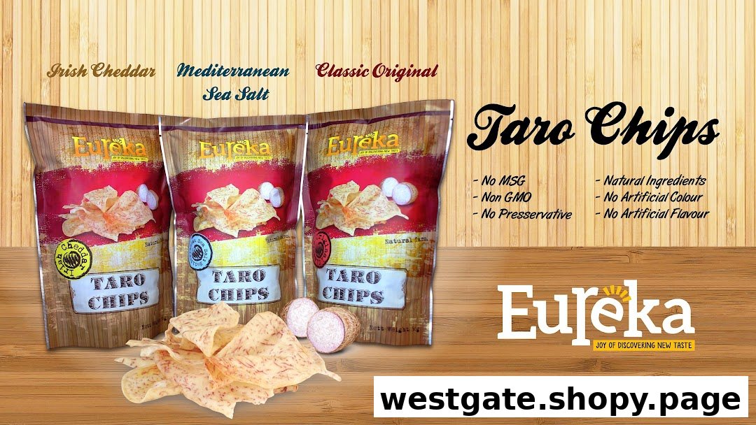 Three bags of Eureka Taro Chips in Irish Cheddar, Mediterranean Sea Salt, and Classic Original flavors.