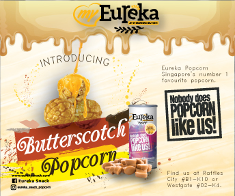 An advertisement for Eureka Popcorn's new Butterscotch Popcorn, featuring product imagery and branding.