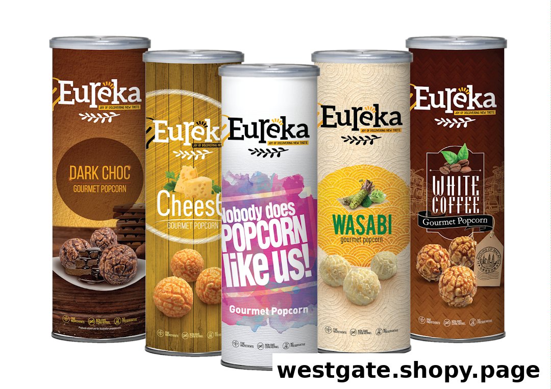 A vibrant display of Eureka Popcorn's gourmet popcorn cans in various flavors.