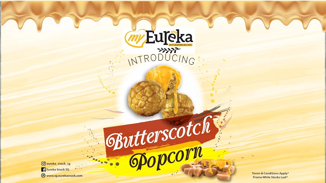 An advertisement for Eureka Popcorn's new Butterscotch Popcorn flavor.