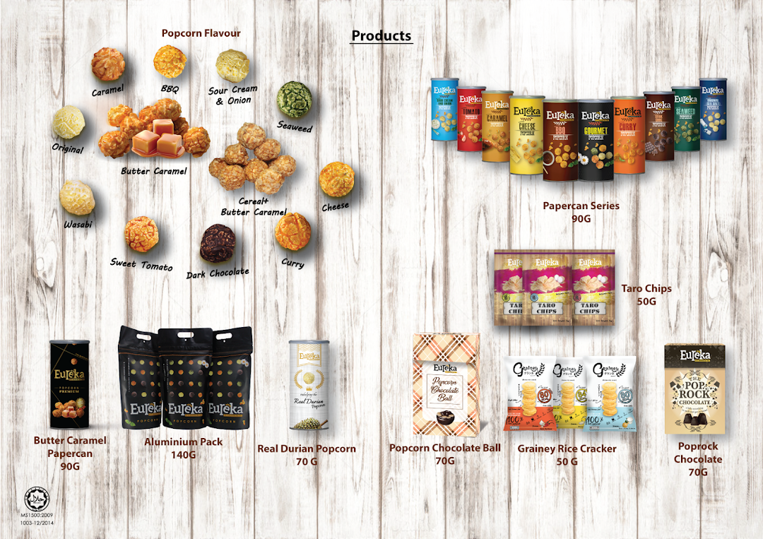 A comprehensive display of Eureka Popcorn's diverse flavors and packaged products.