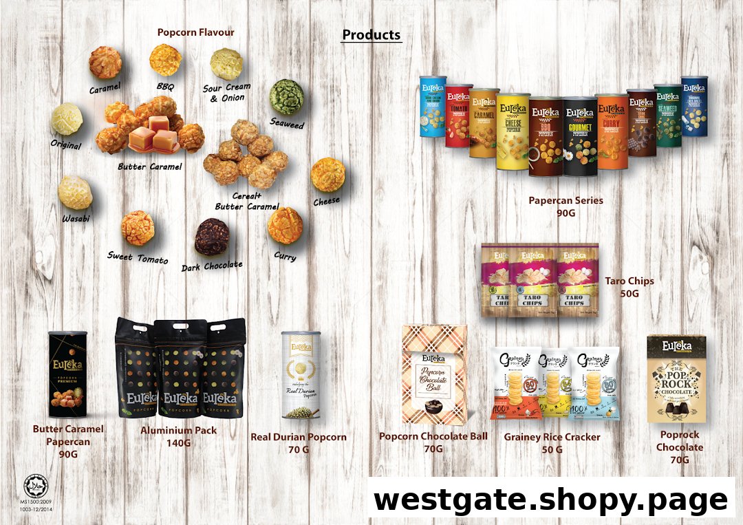 A comprehensive display of Eureka Popcorn's diverse flavors and packaged products.