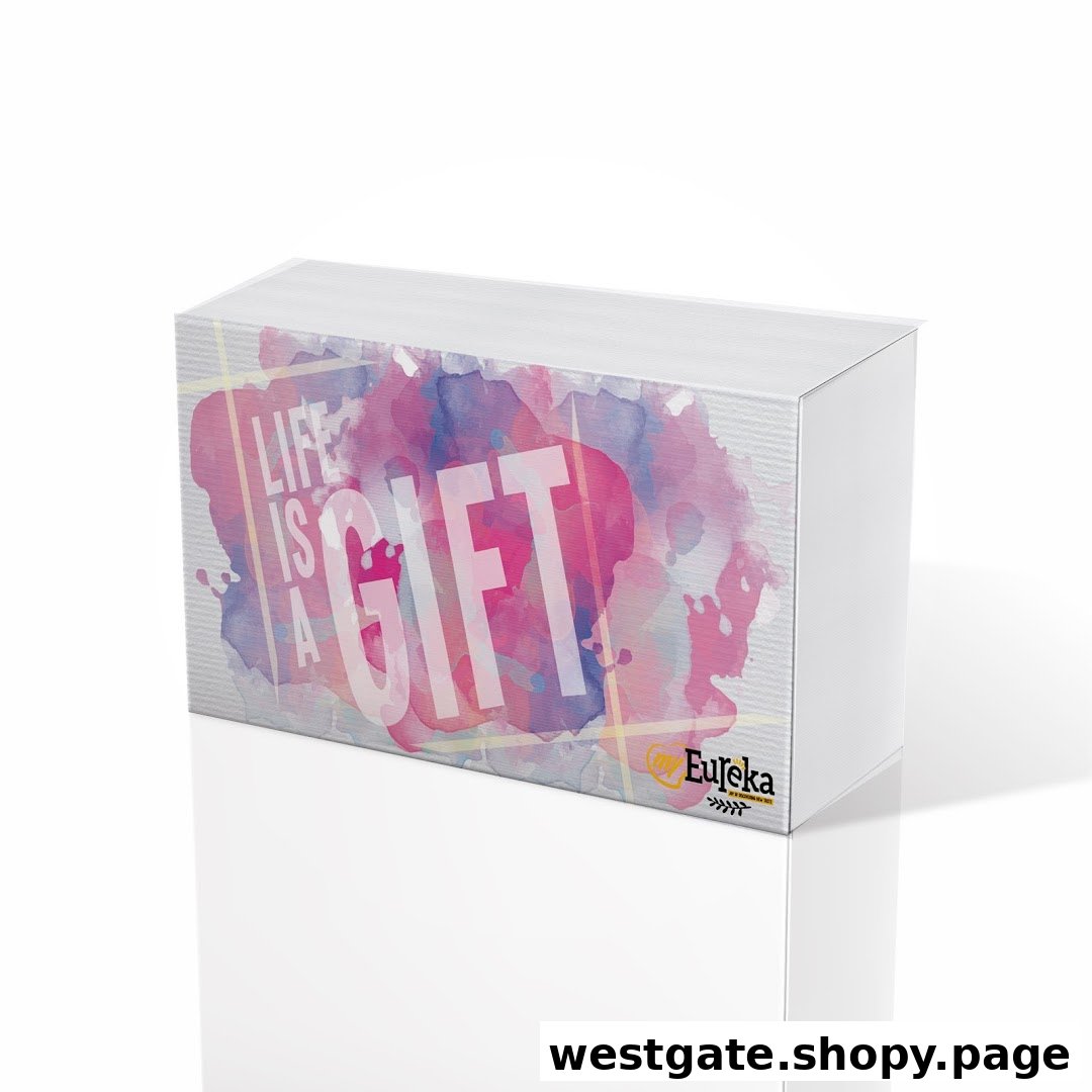 A white gift box featuring a colorful watercolor design and the text 'Life is a Gift' with the Eureka logo.