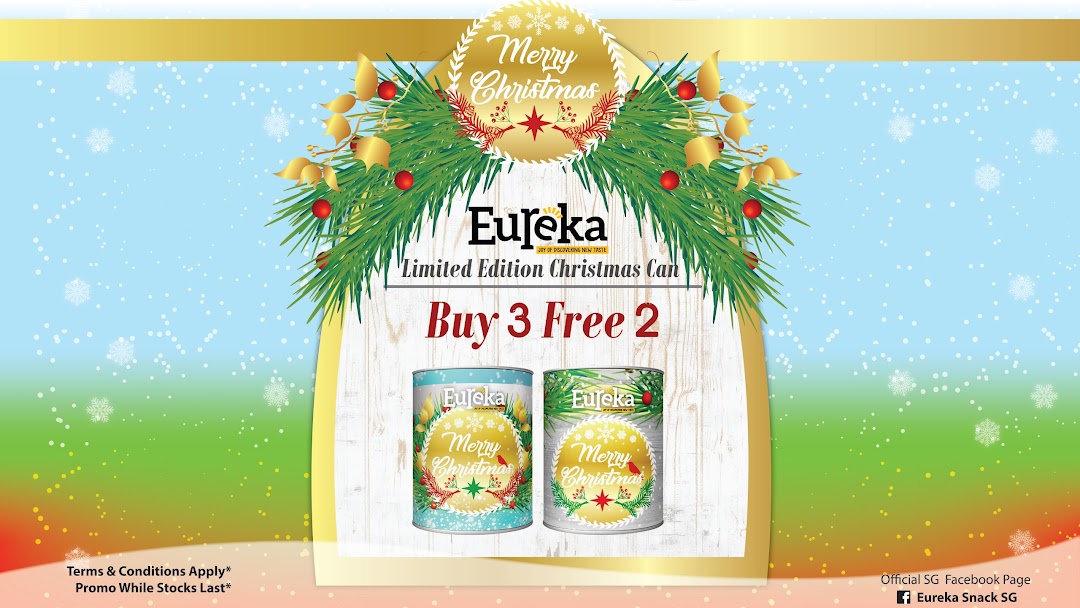 A festive graphic promoting Eureka's Limited Edition Christmas Cans with a 'Buy 3 Free 2' offer.