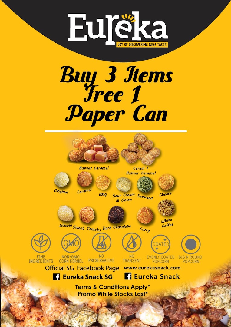 A promotional poster for Eureka Popcorn featuring a 'Buy 3 Free 1' offer and various popcorn flavors.
