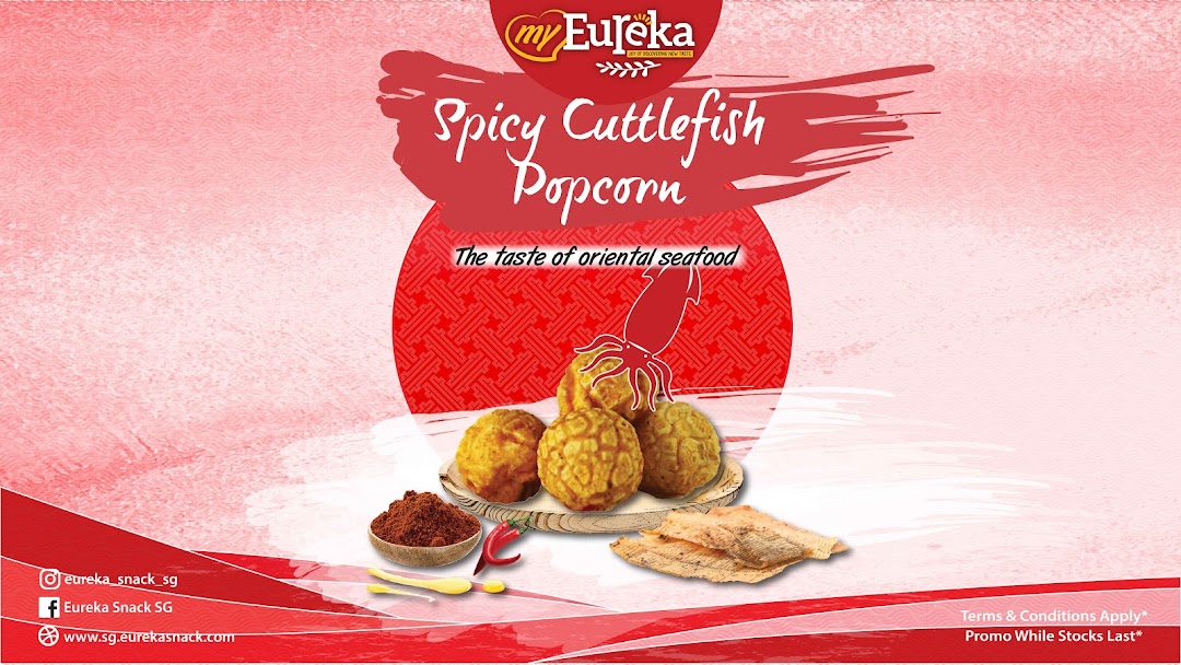 An advertisement for Eureka Popcorn's Spicy Cuttlefish Popcorn, highlighting its oriental seafood flavor.