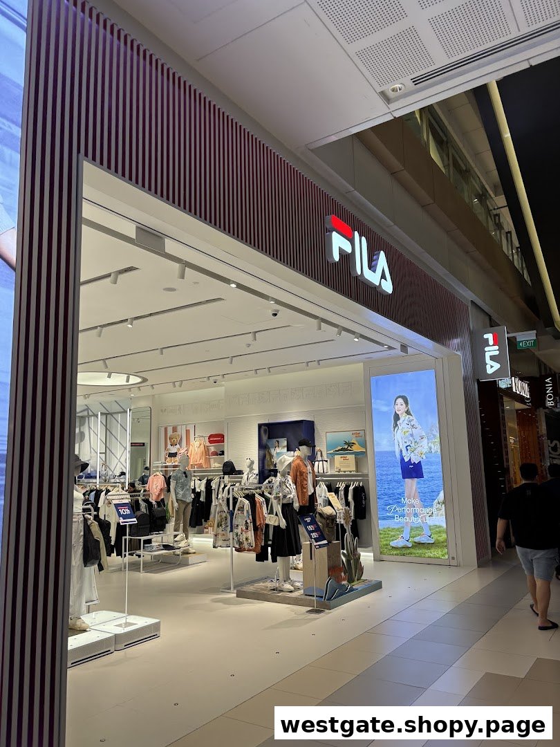 The FILA Westgate store entrance showcasing sportswear, apparel, and accessories inside.