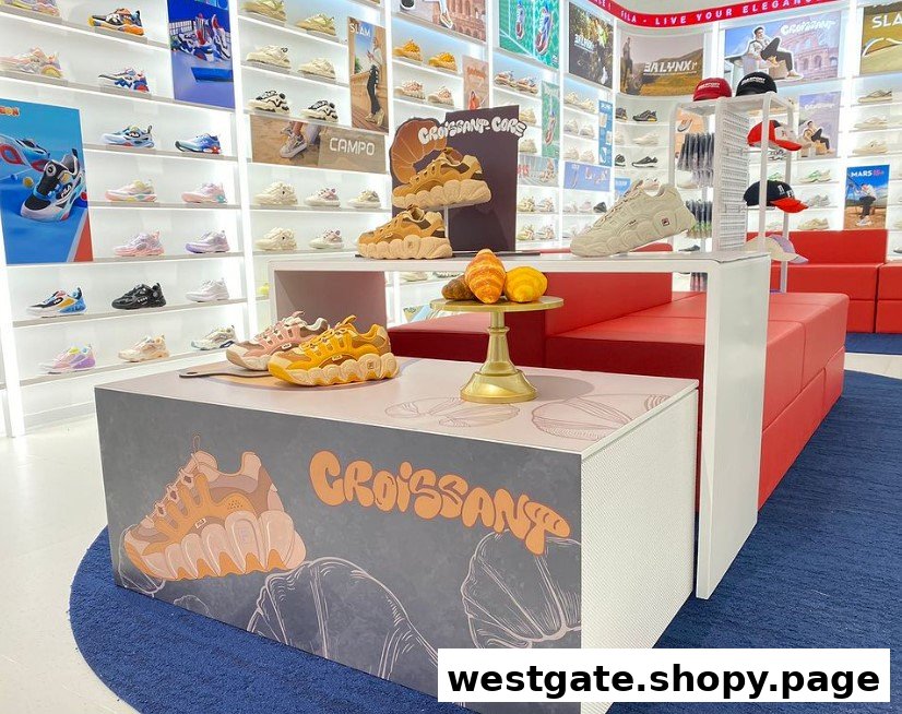 A vibrant Fila store interior showcasing a wide array of stylish sneakers and a unique 'Croissant' themed display.