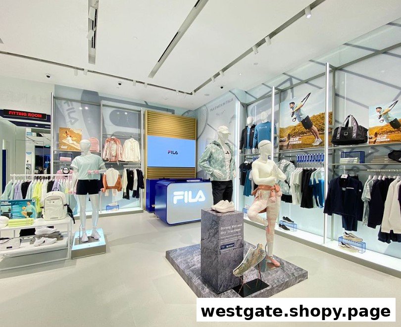 Interior view of FILA Westgate showcasing activewear, footwear, and accessories on mannequins and displays.