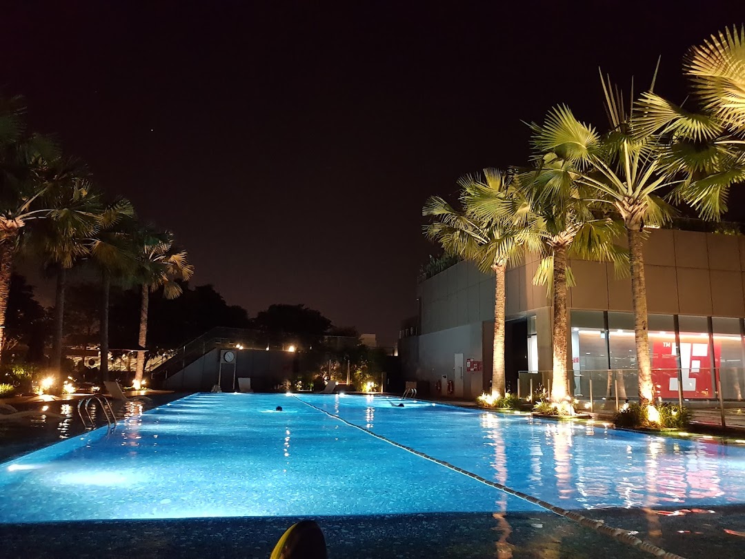 A beautifully lit swimming pool at Fitness First Westgate at night, surrounded by palm trees.