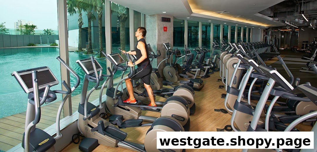A person exercising on an elliptical machine in a modern gym with large windows overlooking a pool.