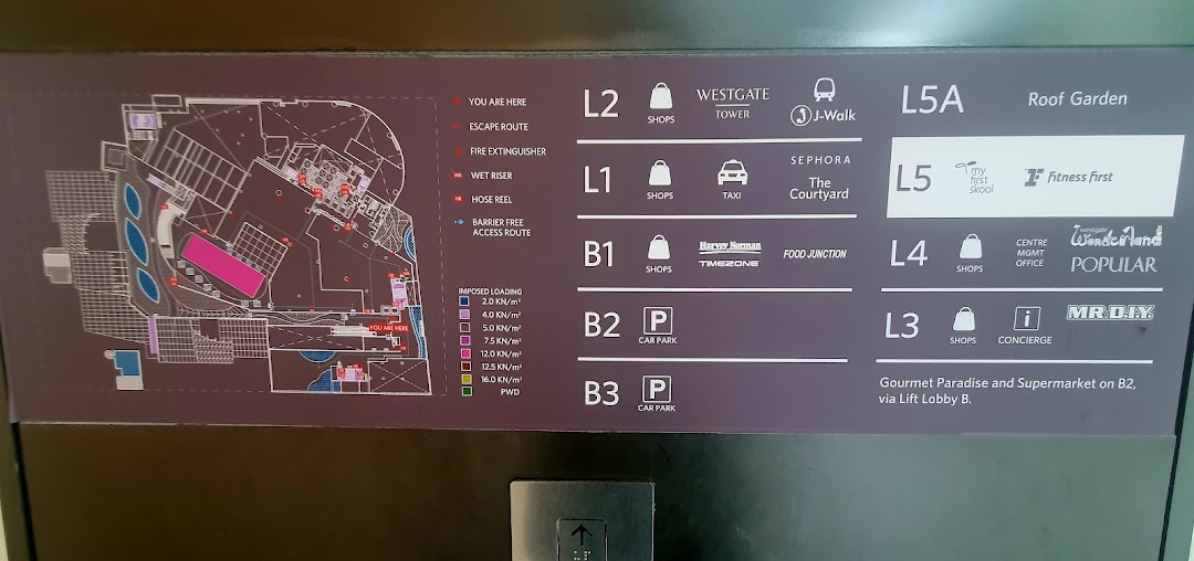 A detailed shopping mall directory map displaying floor plans and shop listings for various levels.