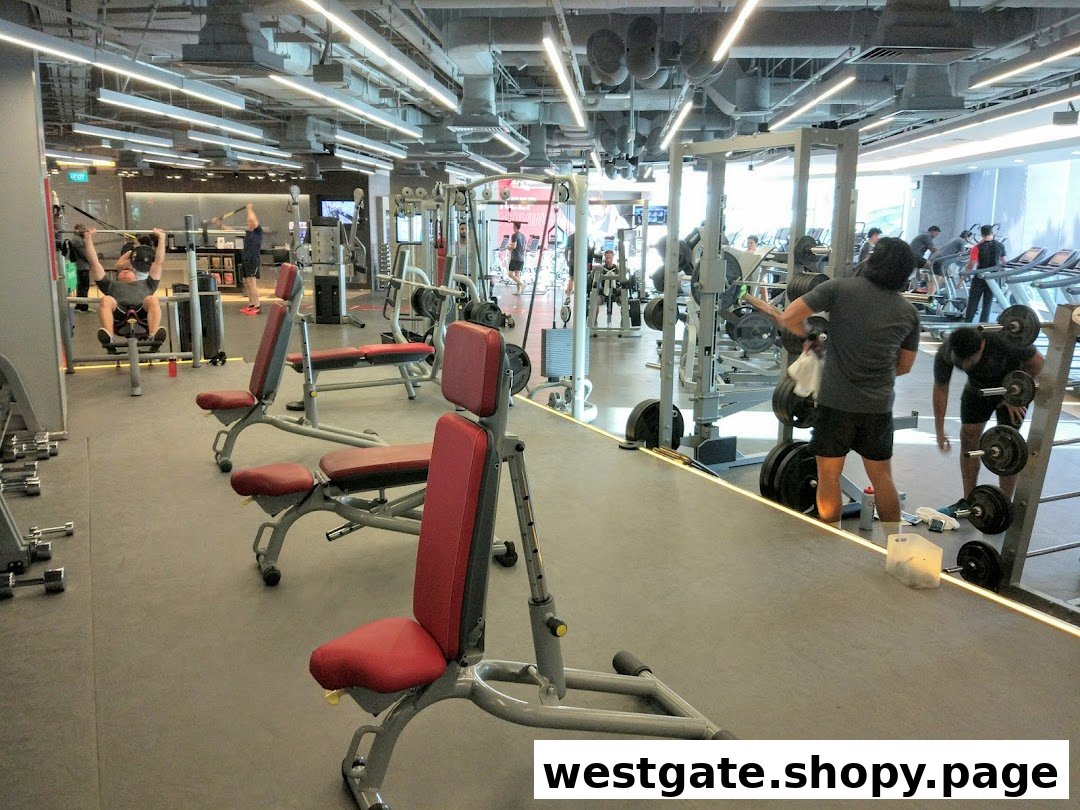 An interior shot of Fitness First gym showing members using various weight training equipment and benches.