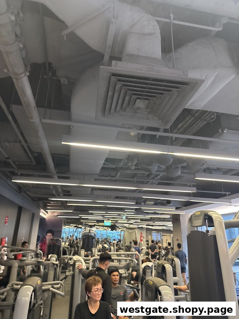 A busy gym interior with members using various fitness equipment under exposed ceiling ducts.