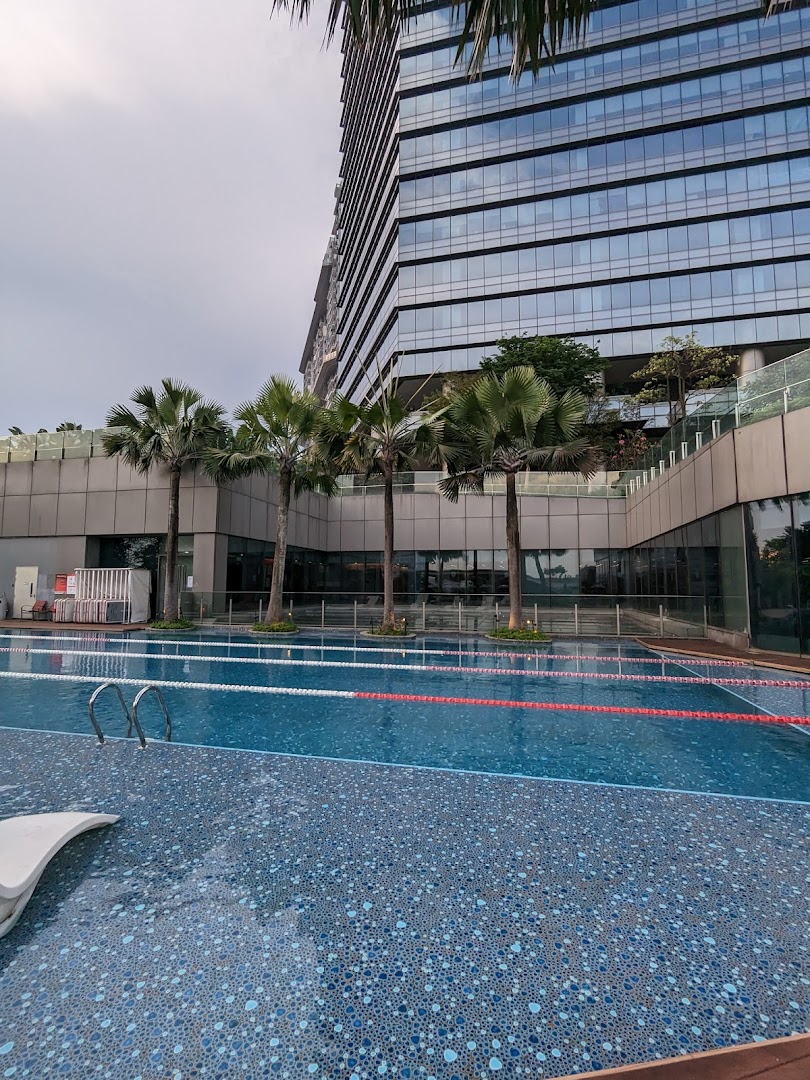An outdoor swimming pool with lane markers and palm trees, set against a modern building.