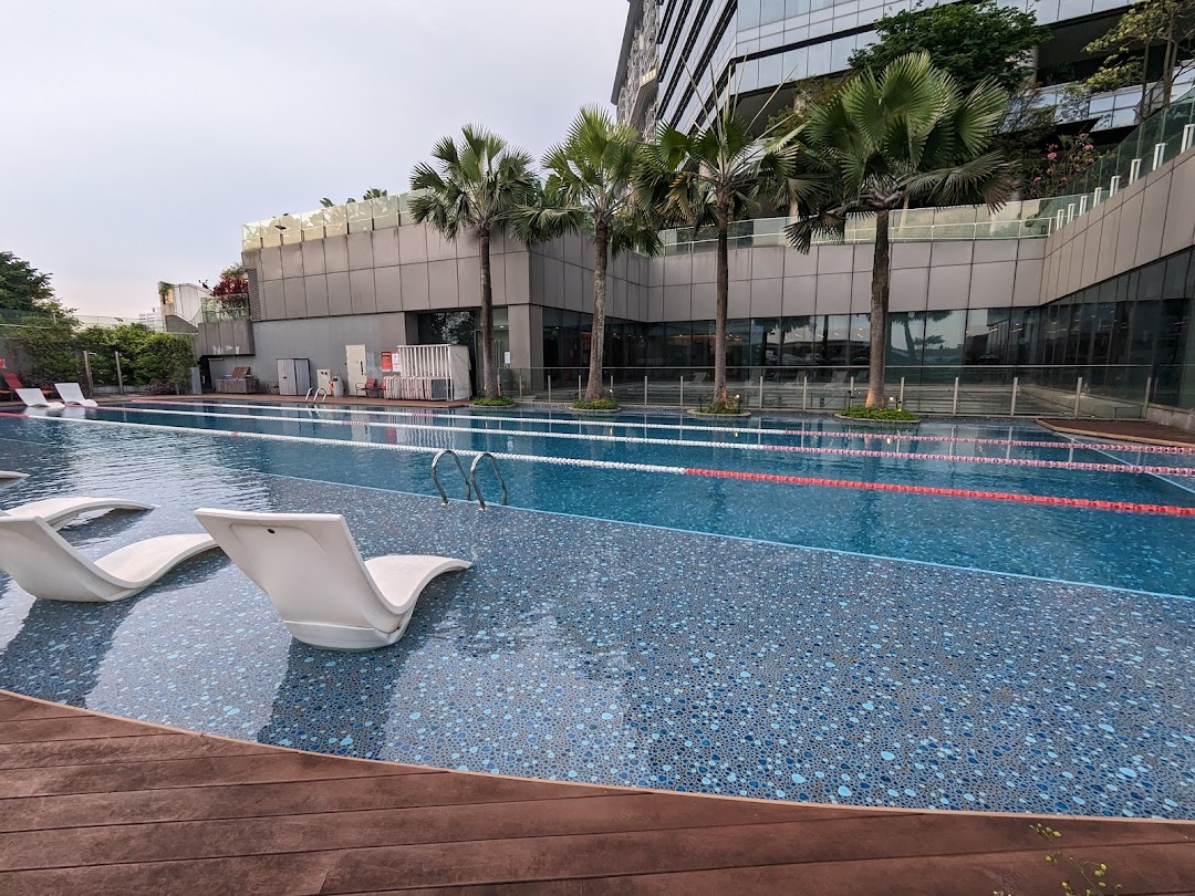 An inviting outdoor swimming pool with lounge chairs and palm trees at Fitness First Westgate.