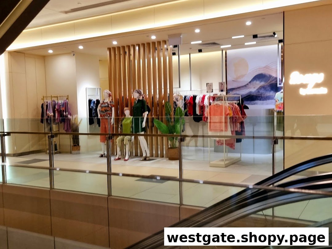 A vibrant clothing boutique entrance with mannequins displaying colorful apparel, viewed from an escalator.