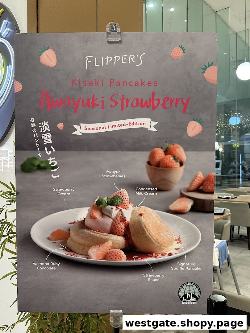 Promotional poster for Flipper's seasonal Awajuki Strawberry Kiseki Soufflé Pancakes.