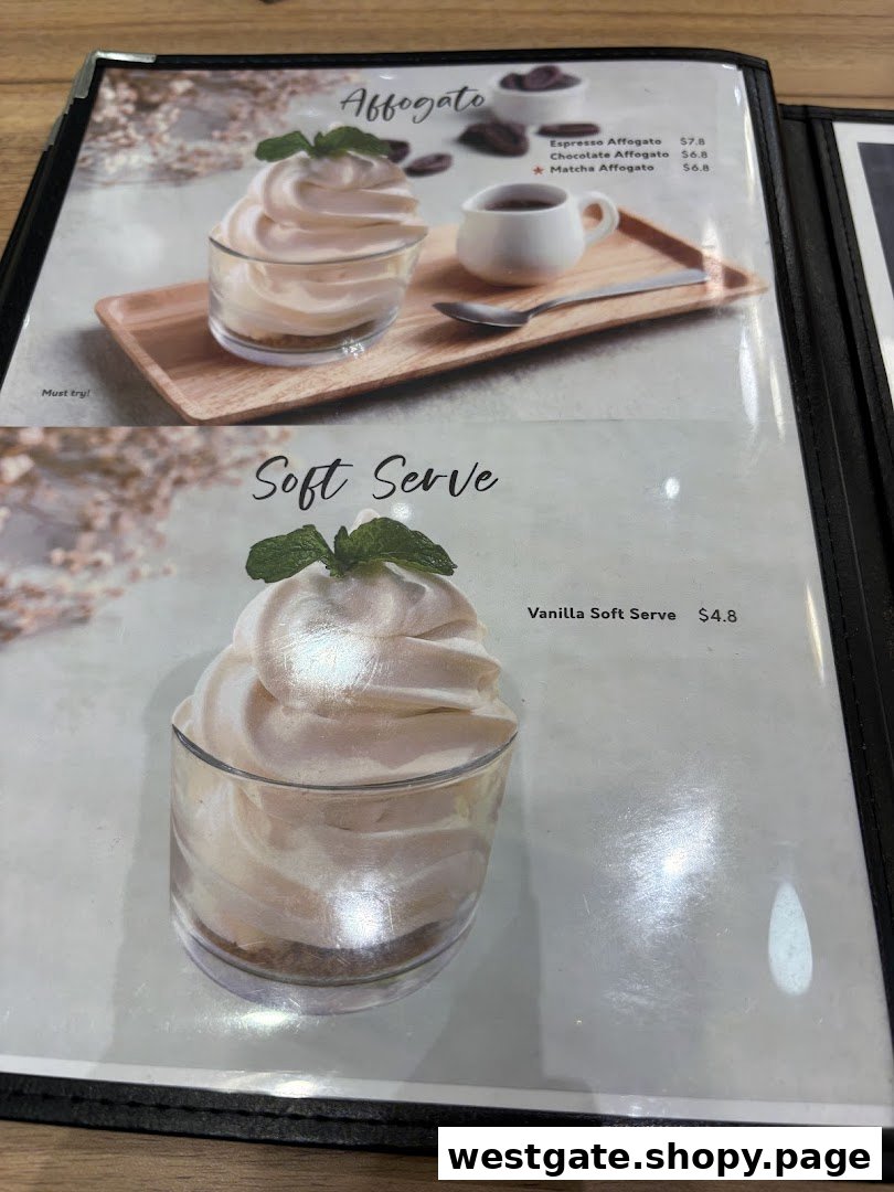 A menu page from Flippers Westgate showcasing delicious Affogato and Soft Serve dessert options.