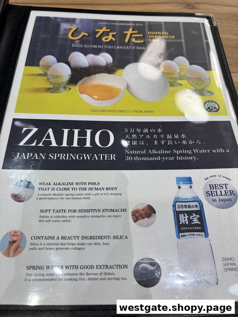 A menu page showcasing premium Hinata Japanese Eggs and Zaiho Japan Springwater.