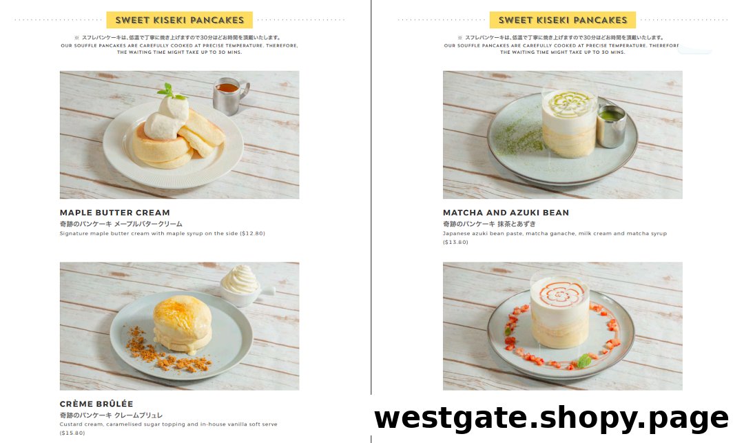 A menu page showcasing various sweet soufflé pancakes with descriptions, prices, and appealing images.