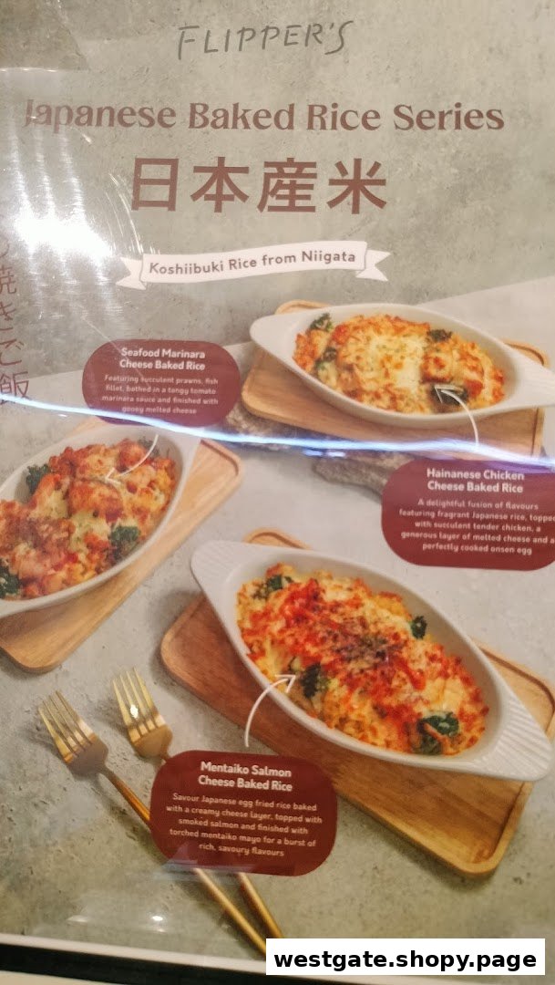 A menu board from Flippers Westgate showcasing their Japanese Baked Rice Series with three distinct dishes.