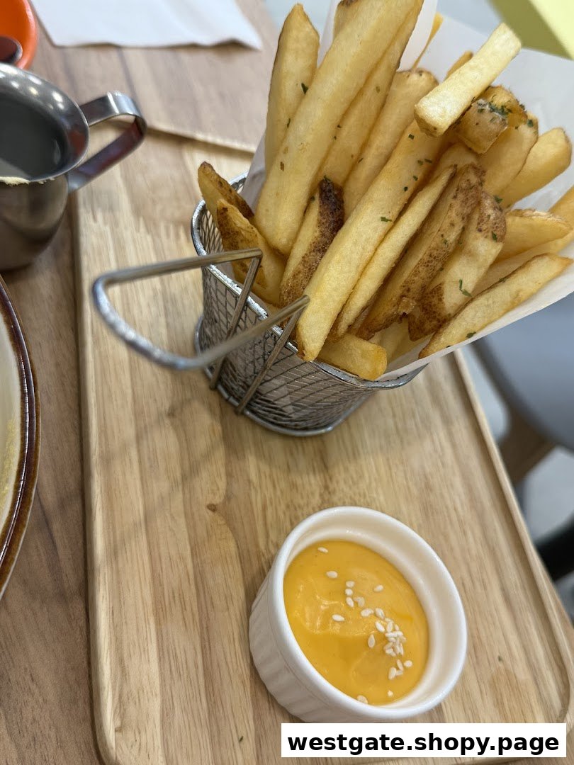 A serving of golden fries in a metal basket with a side of creamy dip on a wooden tray.