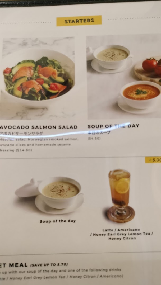 A menu page from Flippers Westgate showcasing starters like avocado salmon salad, soup, and drink options.