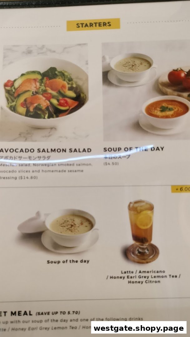 A menu page from Flippers Westgate showcasing starters like avocado salmon salad, soup, and drink options.