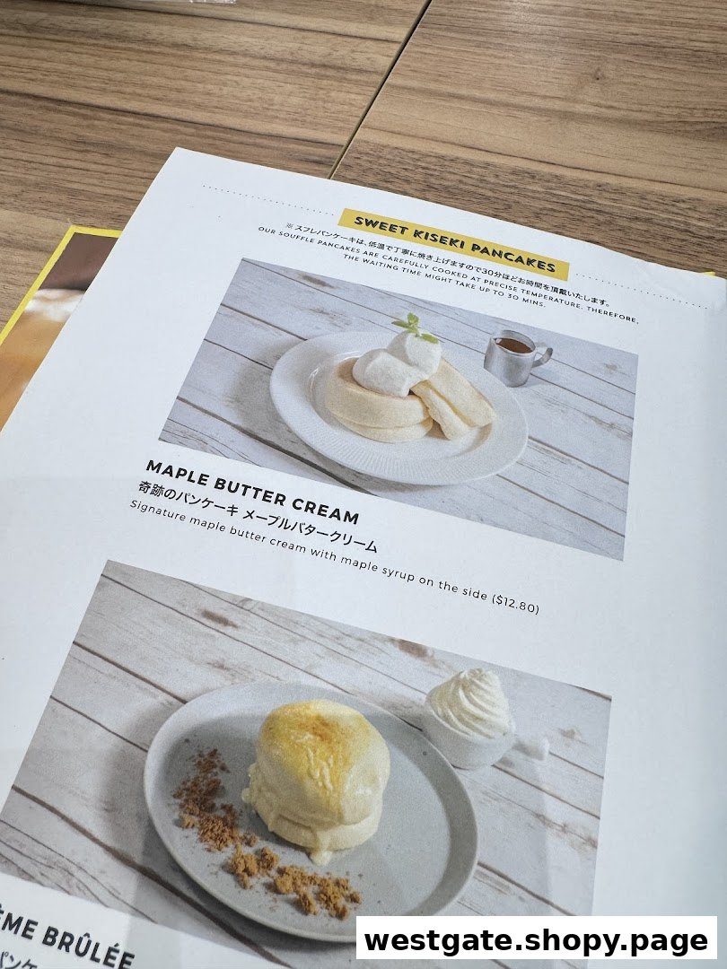 A menu page from Flippers Westgate showcasing their signature soufflé pancakes.