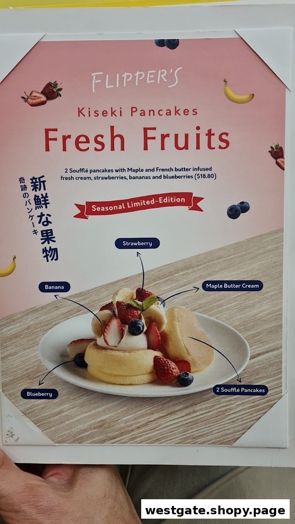 A menu displaying Flippers' Fresh Fruits Kiseki Pancakes with detailed ingredients and price.