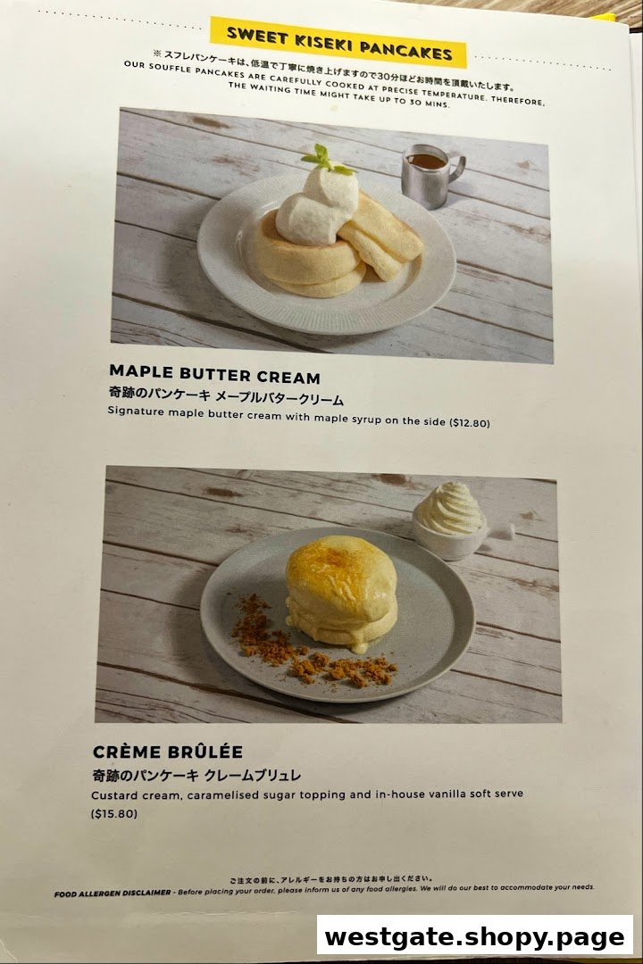 A menu displaying delicious soufflé pancakes, including Maple Butter Cream and Crème Brûlée options.