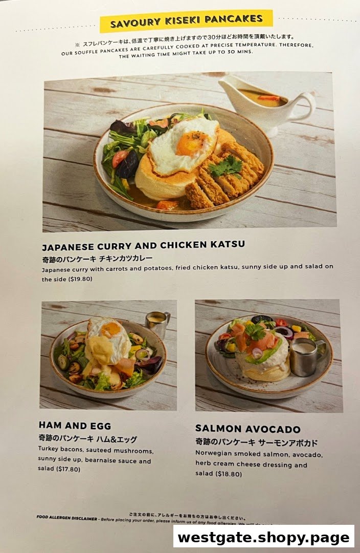 A menu page showcasing Flippers Westgate's savoury Kiseki pancake dishes with descriptions and prices.