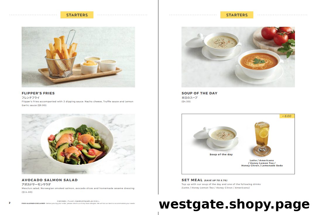 A menu page showcasing delicious starters like fries, salads, and soups from Flippers Westgate.