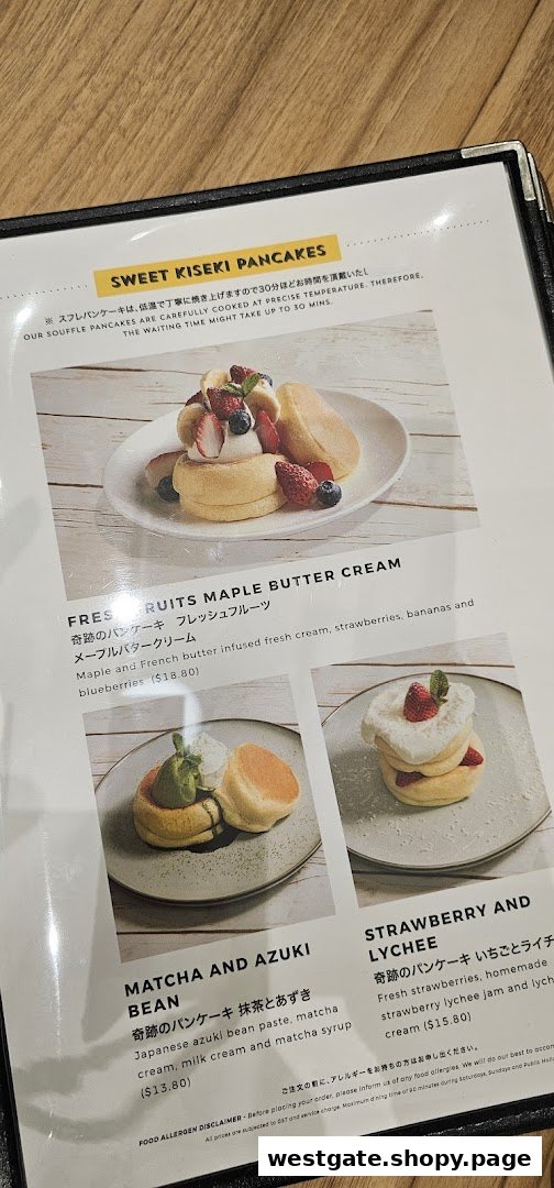 A menu page from Flippers Westgate showcasing their signature sweet Kiseki soufflé pancakes with various toppings.