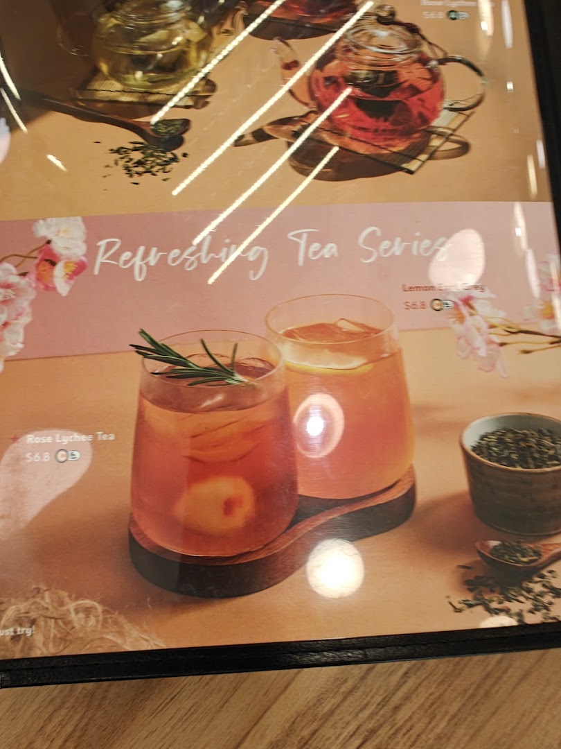 A menu page showcasing 'Refreshing Tea Series' with Rose Lychee Tea and Lemon Earl Grey.