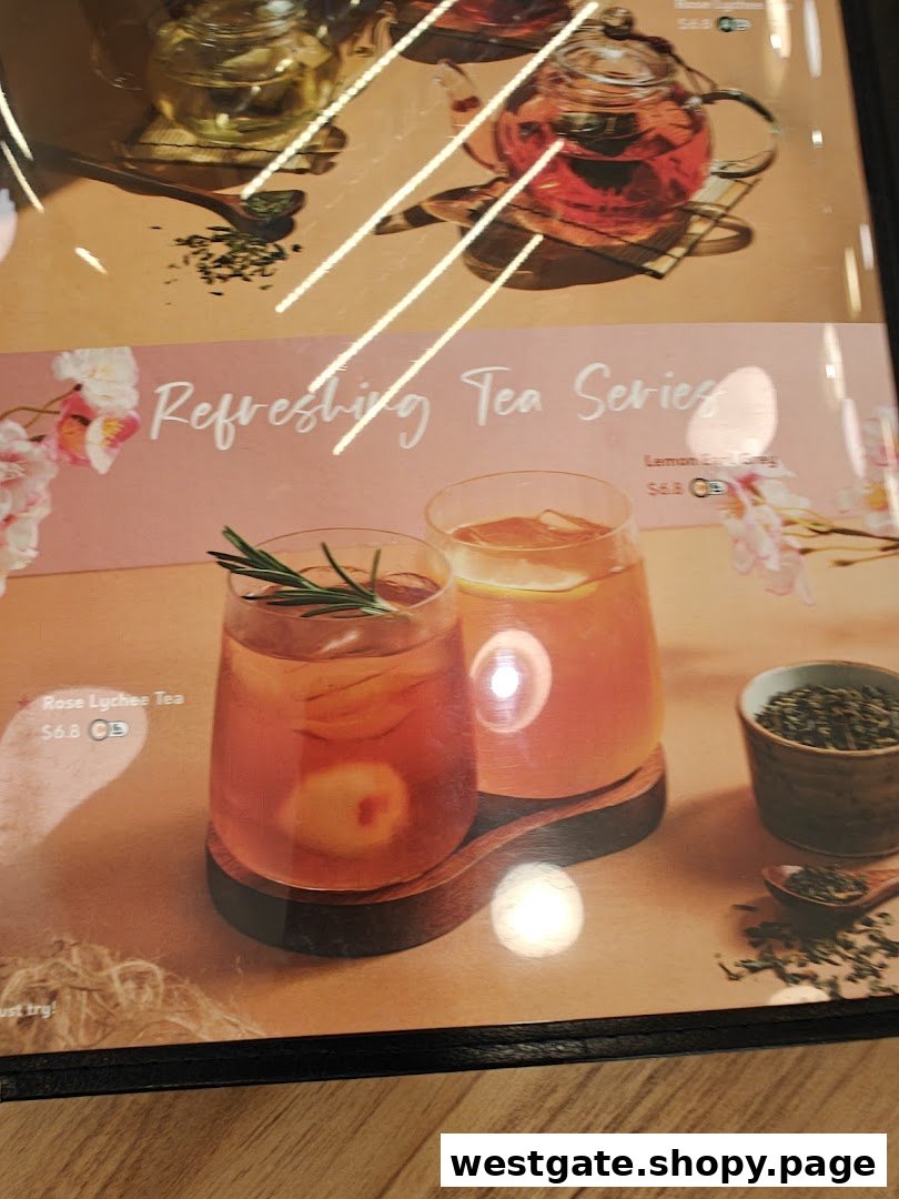 A menu page showcasing 'Refreshing Tea Series' with Rose Lychee Tea and Lemon Earl Grey.