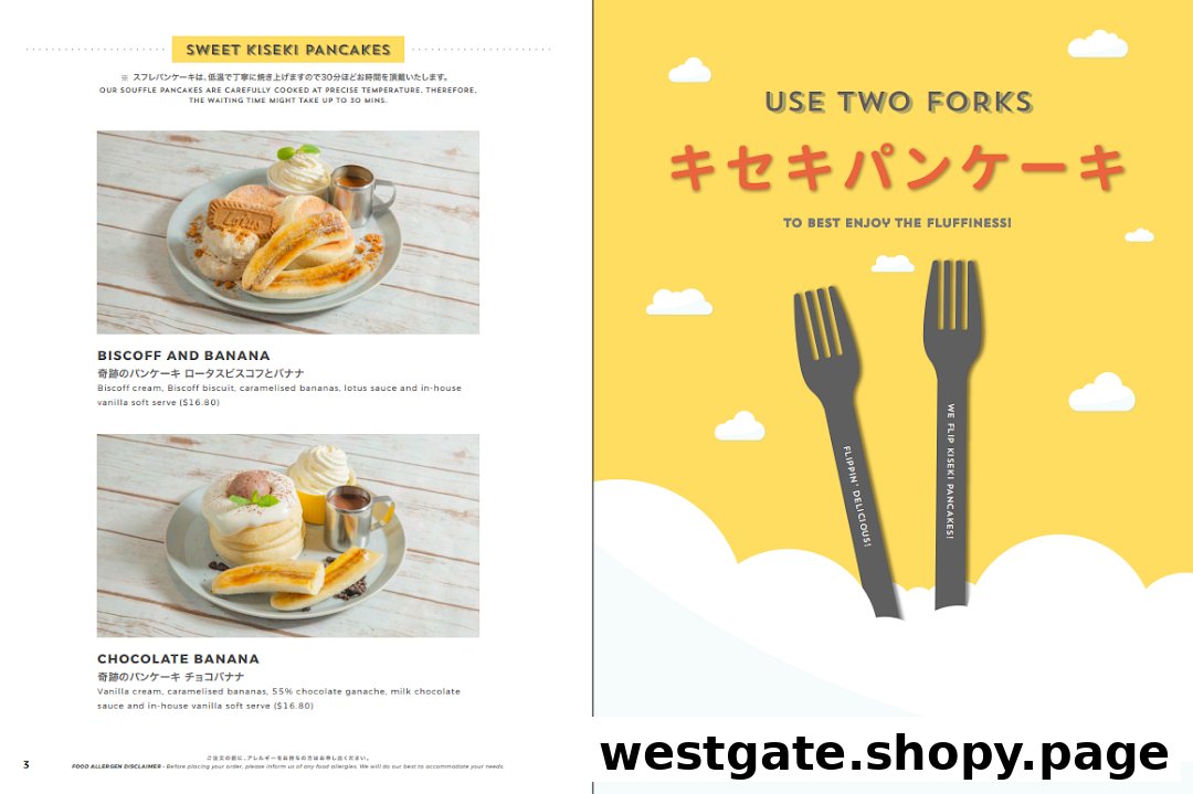 A menu page from Flippers Westgate showcasing fluffy Kiseki Pancakes, including Biscoff and Chocolate Banana flavors.