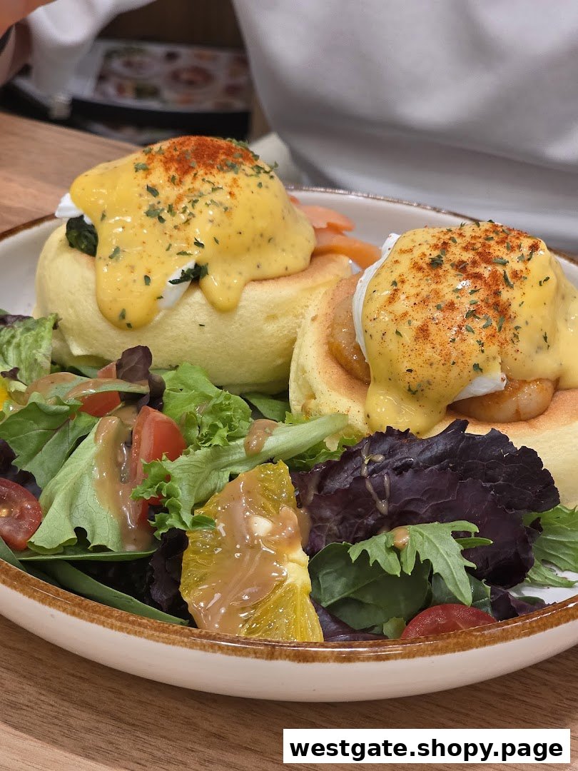 A plate of fluffy soufflé pancakes topped with hollandaise sauce, poached eggs, and a fresh side salad.