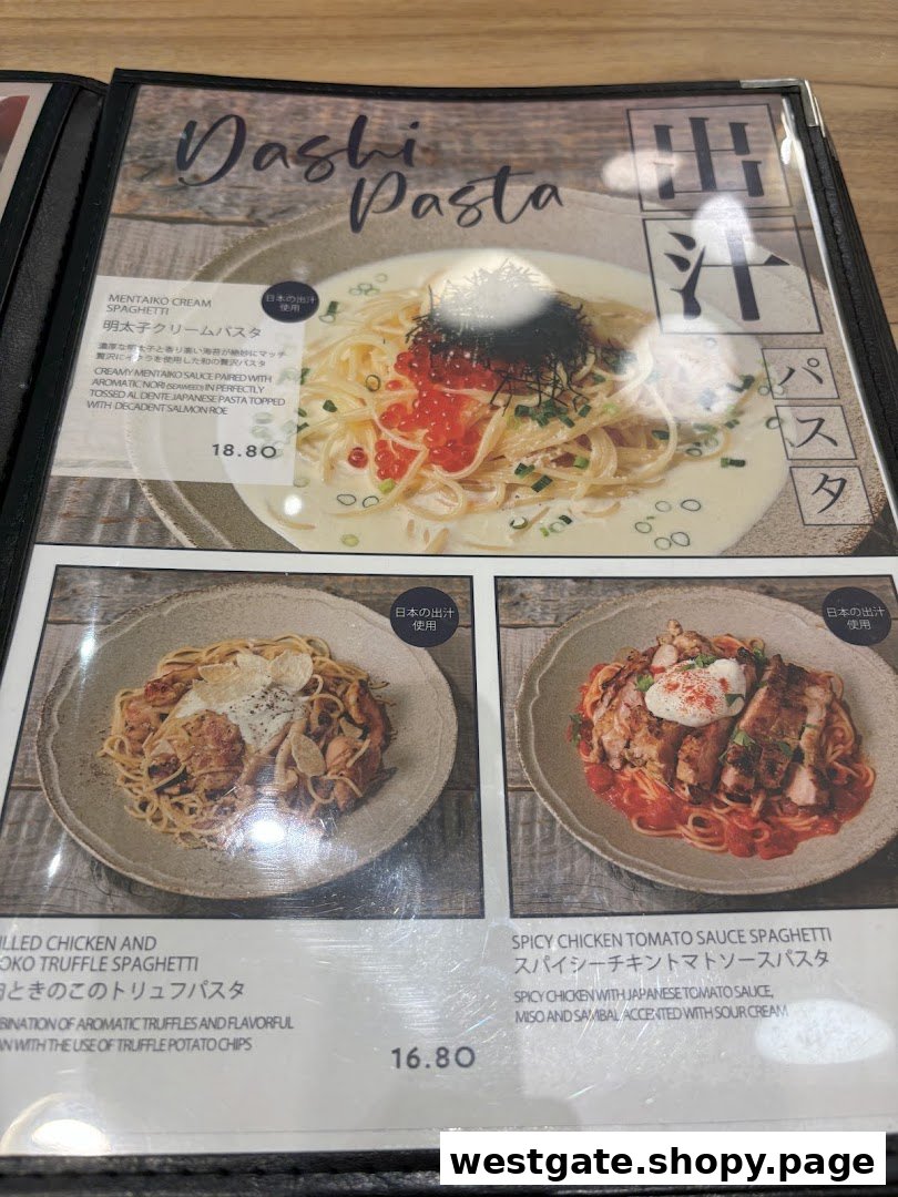 A menu page from Flippers Westgate showcasing various Dashi Pasta dishes with prices and descriptions.