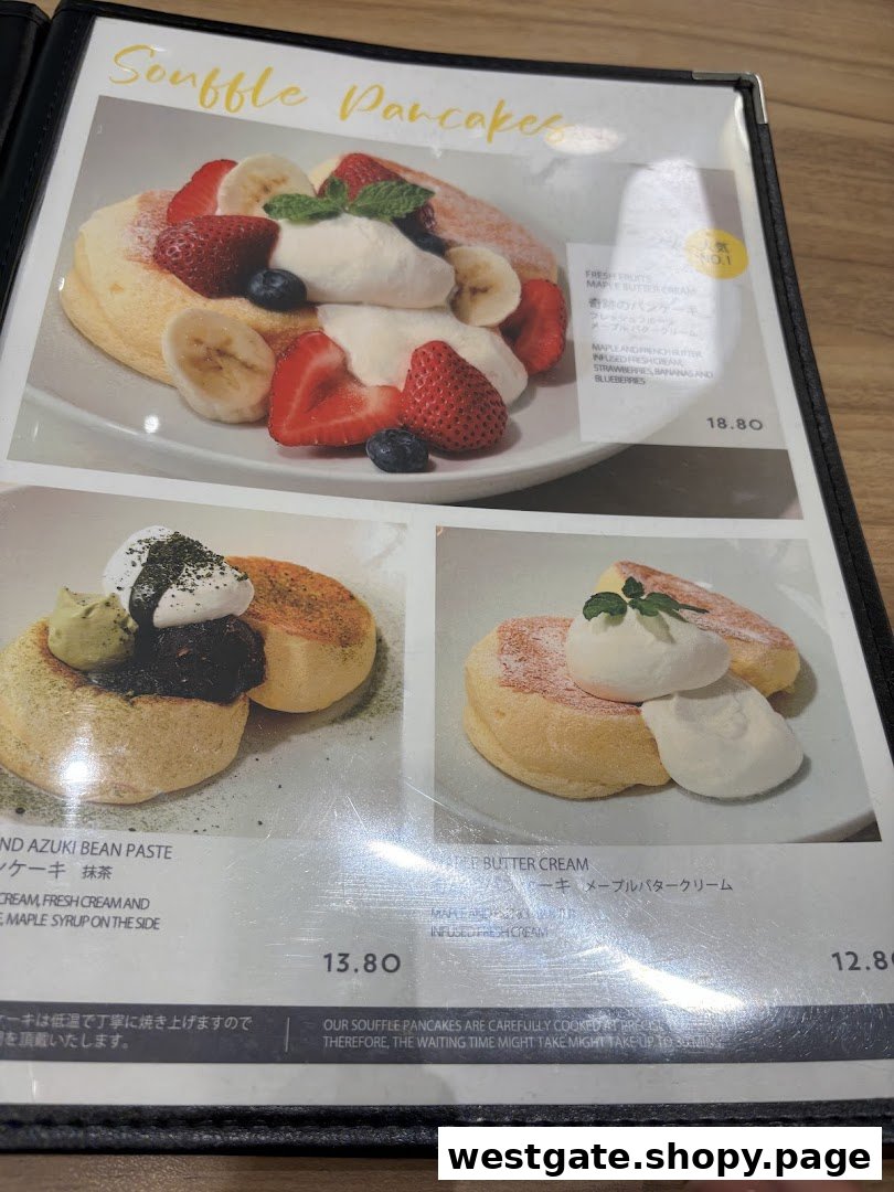 A menu page from Flippers Westgate showcasing various souffle pancake options with prices and descriptions.