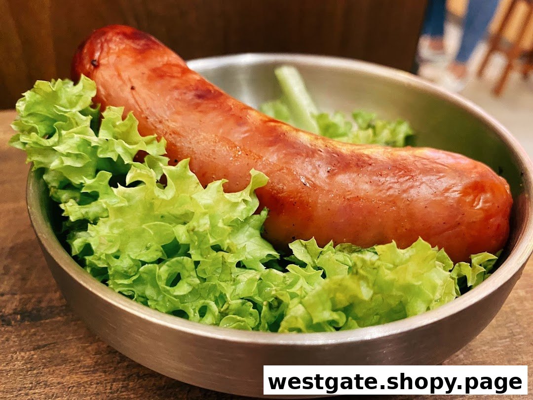 A close-up of a grilled sausage served on a bed of fresh green lettuce in a metal bowl.