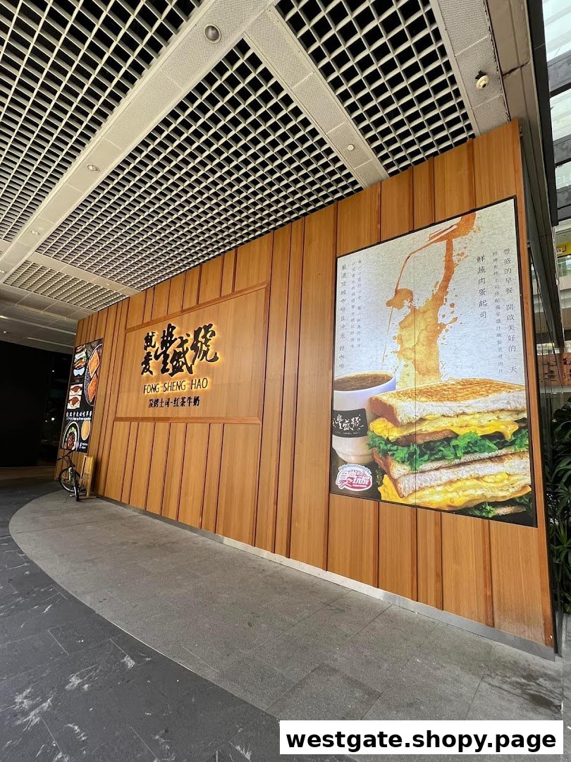 The inviting wooden facade of Fong Sheng Hao, showcasing a large poster of their signature toast and beverages.