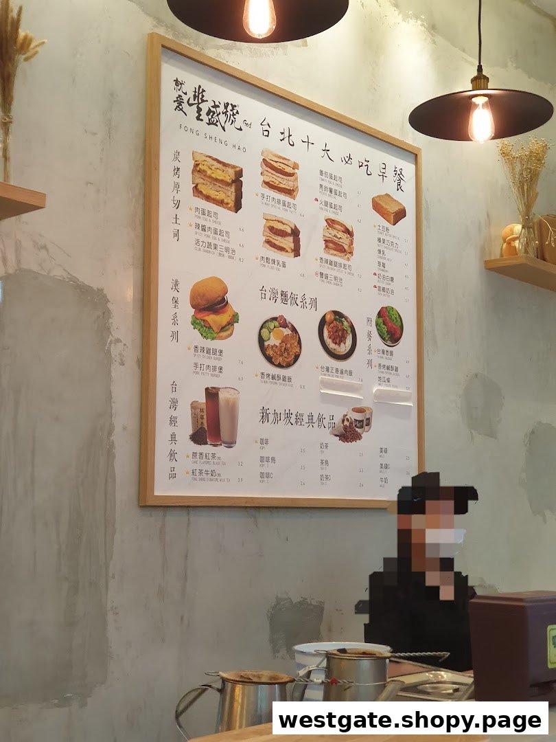 A detailed menu board displaying various Taiwanese breakfast items, burgers, rice dishes, and drinks.