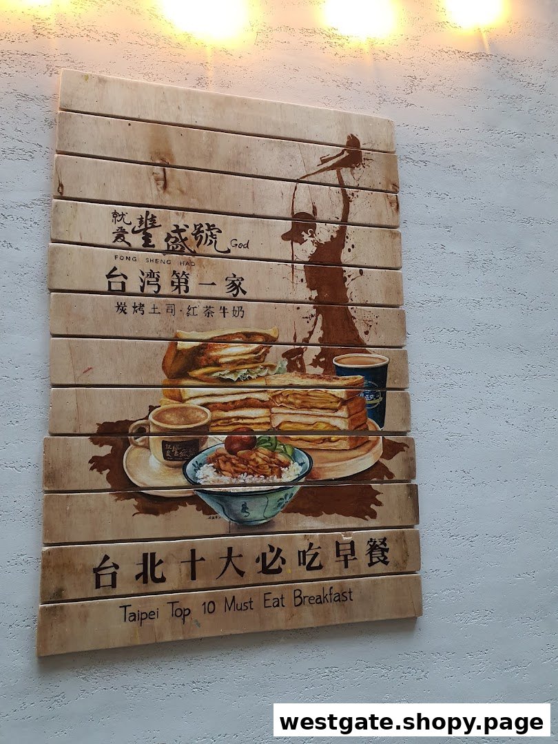 A wooden sign featuring illustrations of Taiwanese breakfast items and text promoting the shop's specialties.