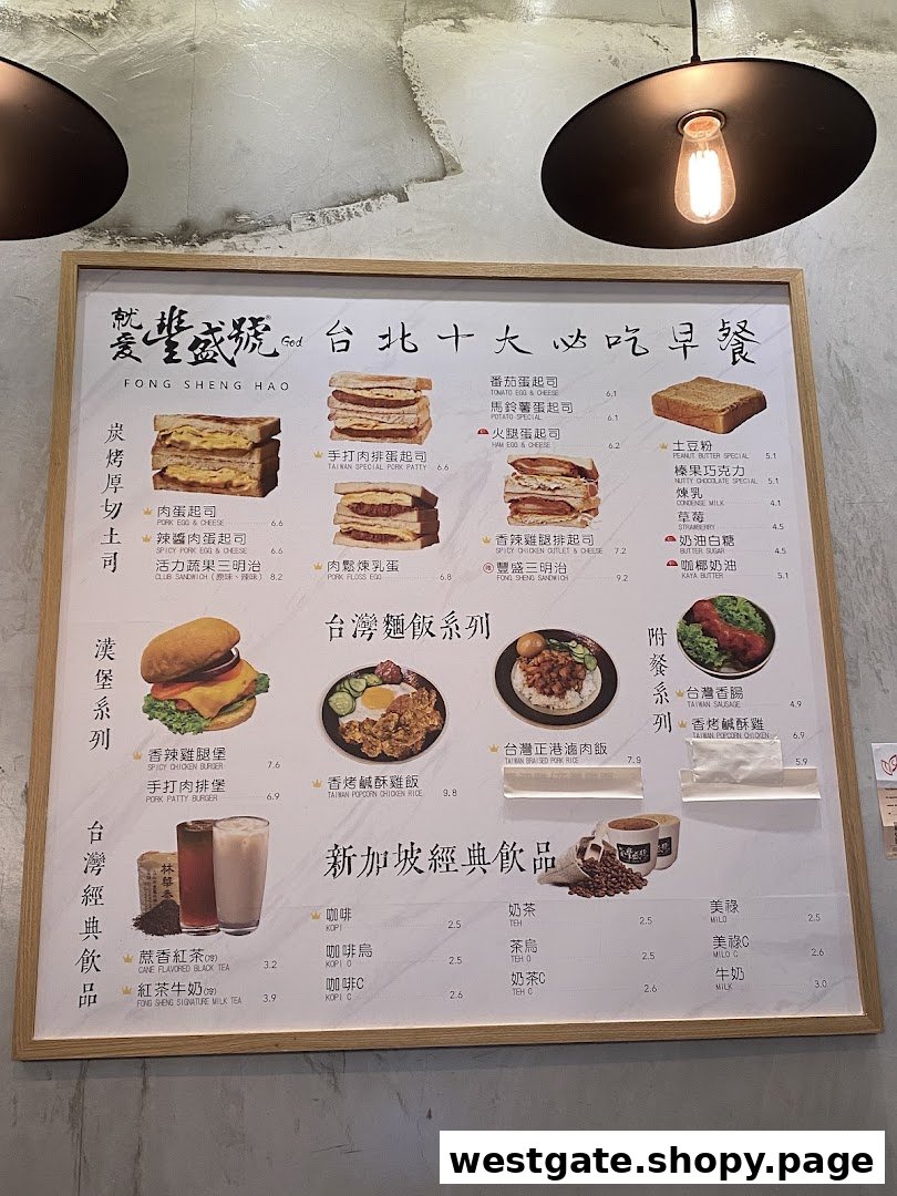 A large menu board displaying various Taiwanese breakfast items and drinks.