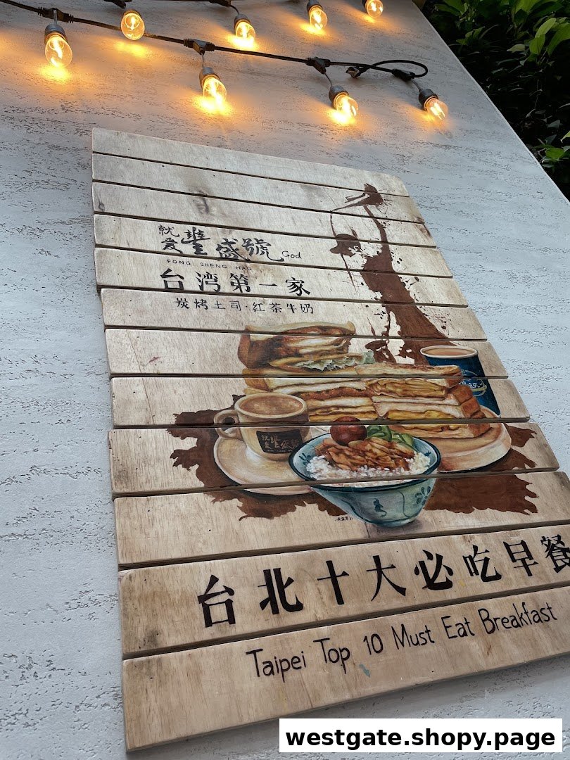 A wooden sign featuring illustrations of breakfast items and text promoting the shop's specialties.