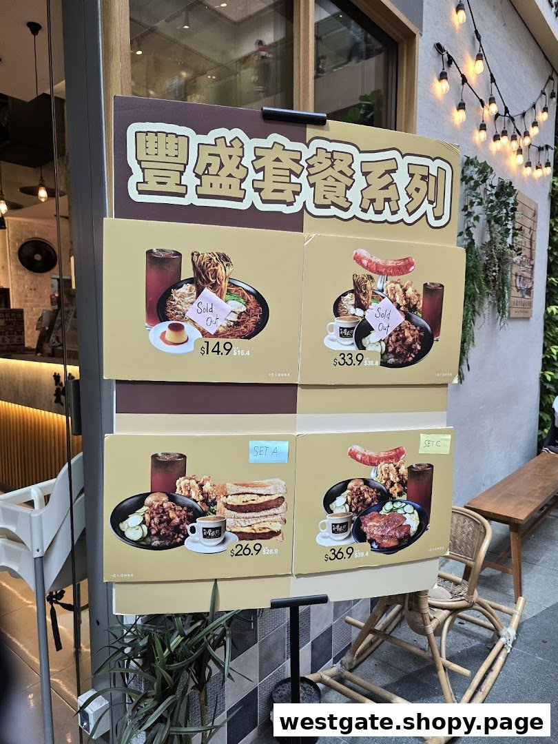 A display board showcasing various combo meal sets with prices and 'Sold Out' indicators.